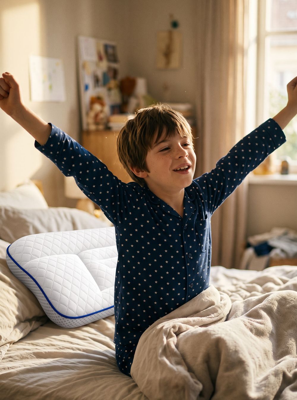 Bambino che si sveglia di buon umore, con le braccia alzate, accanto al suo cuscino Dreamly