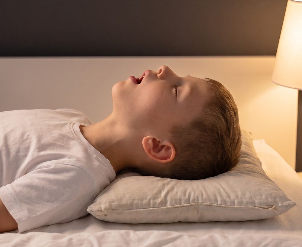 Bambino su un cuscino troppo basso: la testa va all'indietro, la bocca si apre