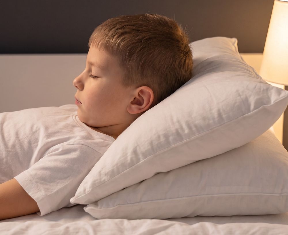 Bambino su un cuscino da adulto troppo alto: il collo è piegato in avanti